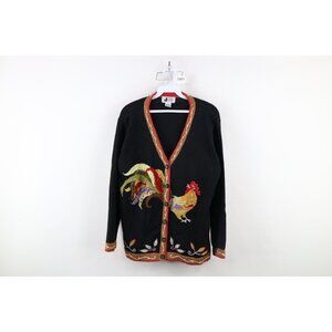 Vintage 90s Streetwear Womens Large Embroidered Knit Chicken Cardigan Sweater